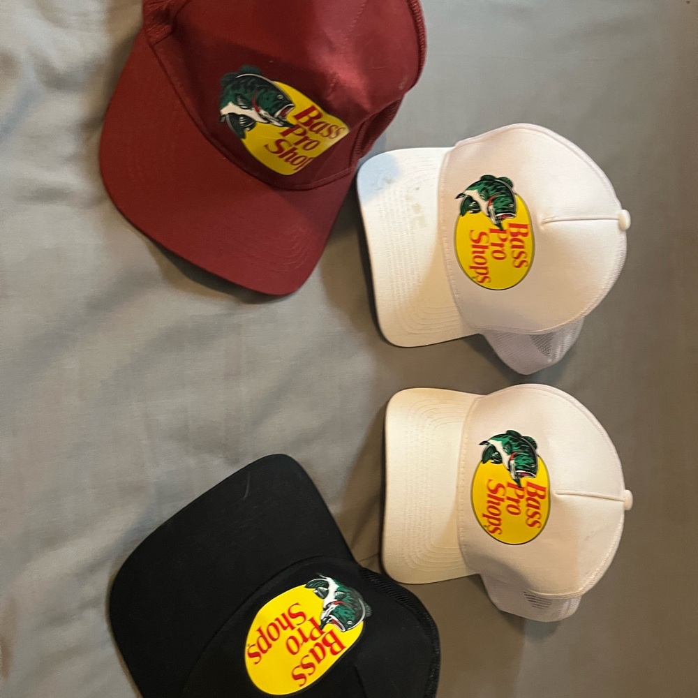 Bass Pro Shops Red, White, and Black Hats